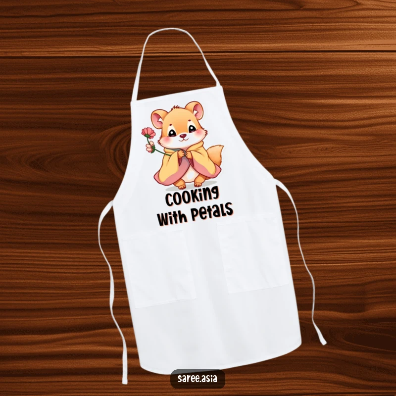 Funny apron with a playful small animal in a colorful garment offering a flower, perfect for a cheerful and kind cook.