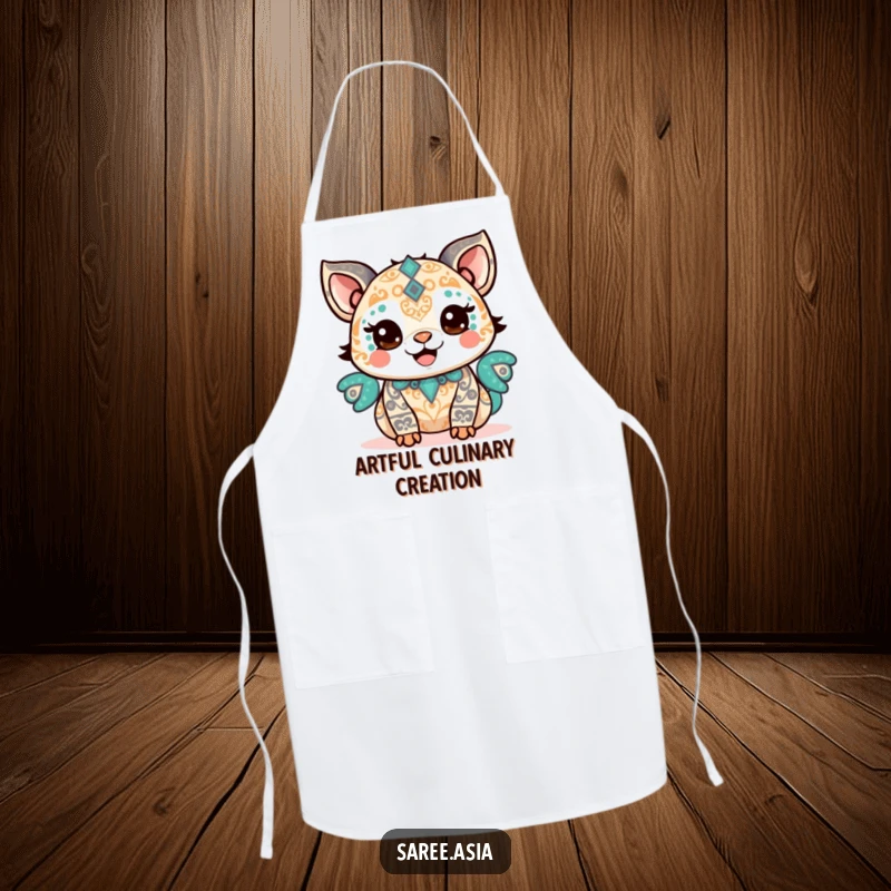 Funny apron with a happy small animal adorned with intricate patterns, beaming with pride, perfect for a celebratory cook.