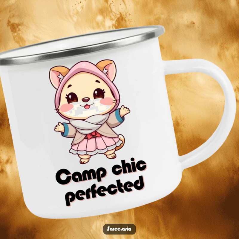 Funny camping mug with a cheerful small animal in a layered outfit striking a pose, perfect for stylish adventurers.