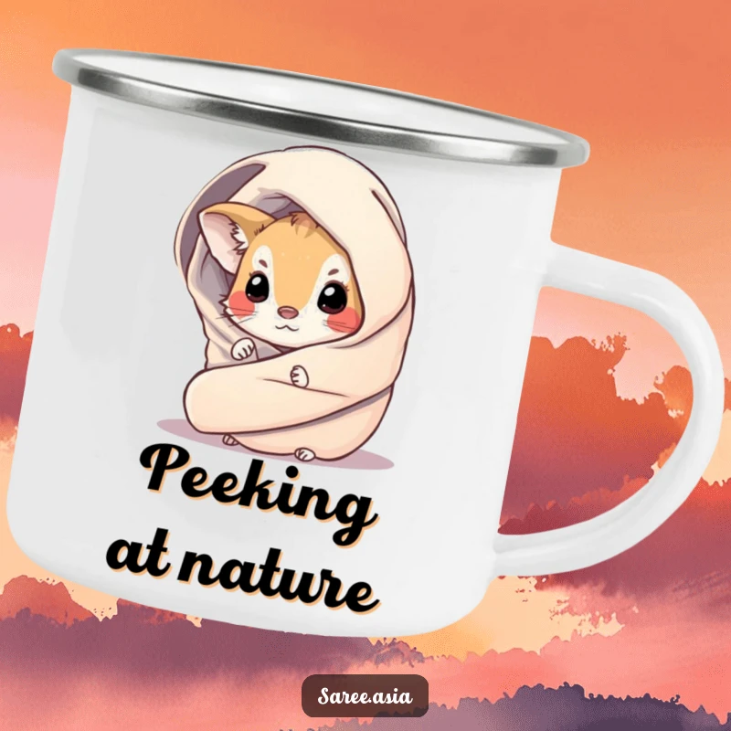 Funny camping mug showing a curious small animal peeking from a shimmering, draped wrap, ideal for outdoor enthusiasts.