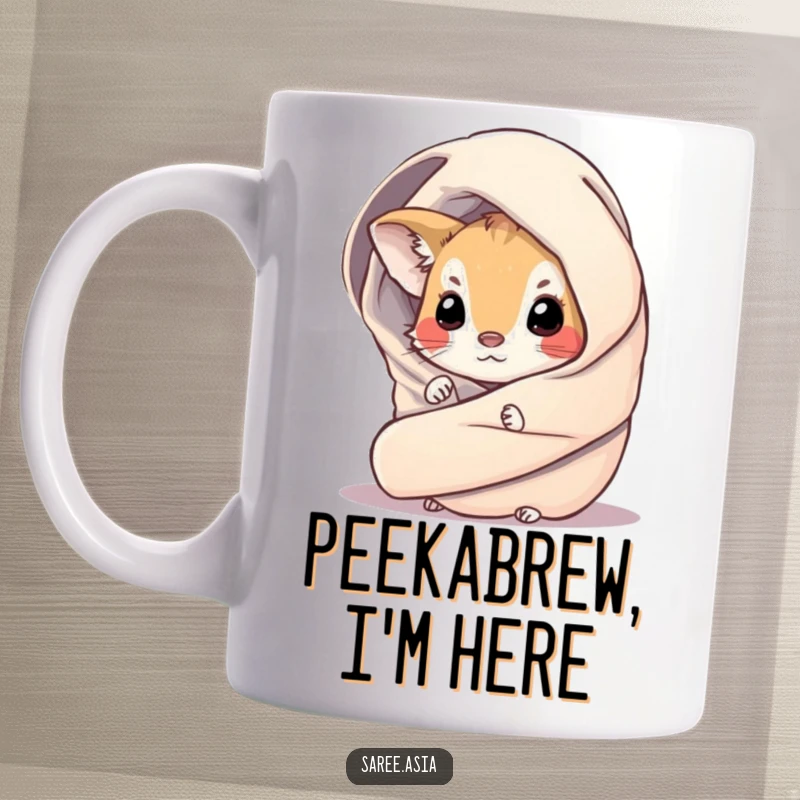 Funny mug showcasing a cute, curious small animal peeking shyly from behind a shimmering, draped fabric wrap, exuding playful mystery.