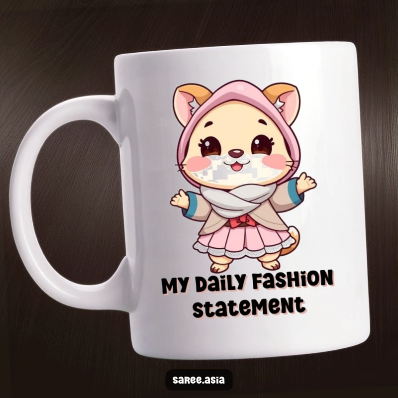 Funny mug with a cheerful small animal in a layered outfit striking a pose, exuding confidence and style.