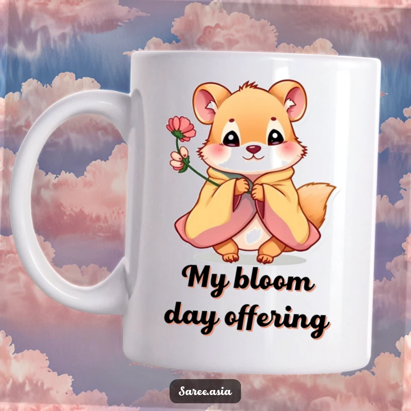 Funny mug with a playful small animal in a colorful garment offering a flower, symbolizing kindness and sweetness.