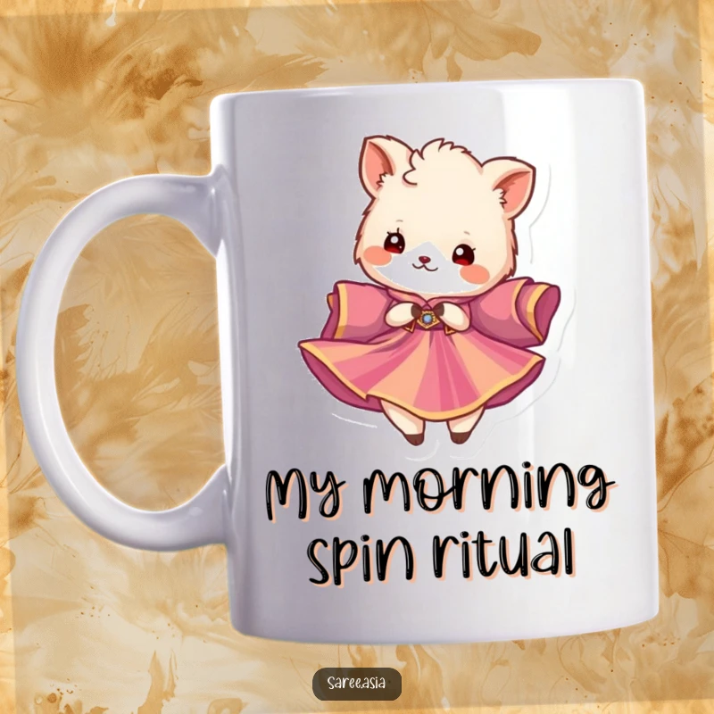 Funny mug featuring a fluffy animal in a vibrant garment twirling gracefully, embodying joy and movement.