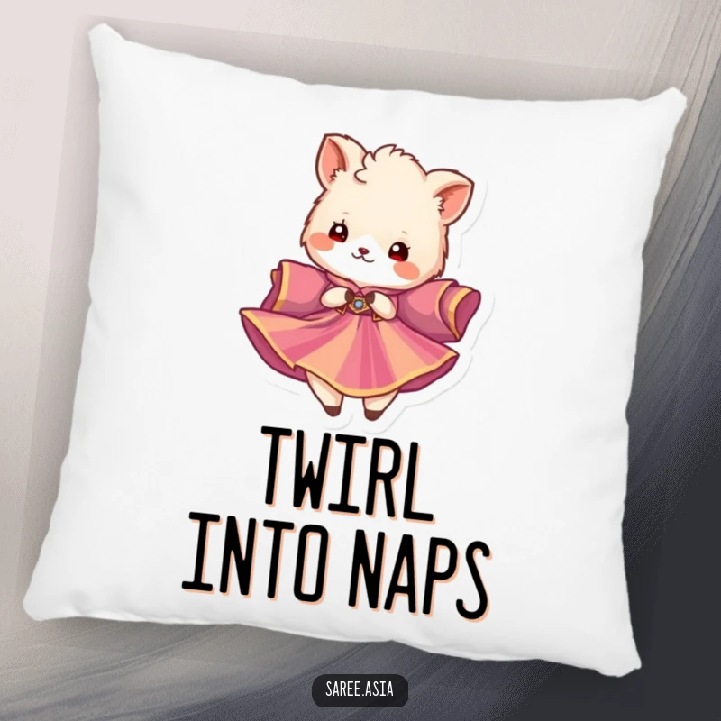 Funny pillow featuring a fluffy animal in a vibrant garment twirling gracefully, bringing comfort and a touch of ballet.