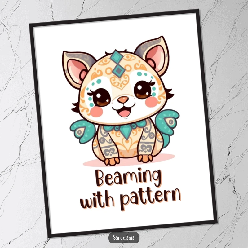 Funny digital art print of a happy small animal adorned with intricate patterns, beaming with pride, symbolizing achievement.