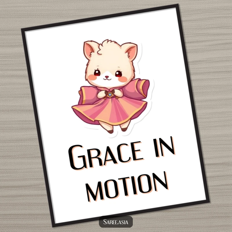 Funny digital art print of a fluffy animal in a vibrant garment twirling gracefully, symbolizing beauty and joyful motion.