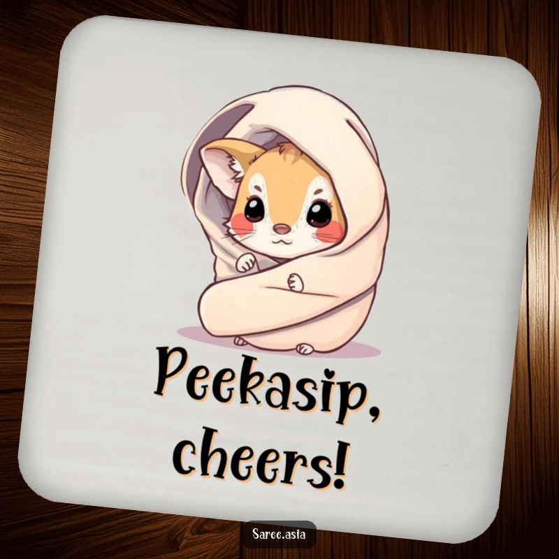 Funny drink coaster with a small, curious animal peeking from a shimmering, draped wrap, offering both protection and humor.