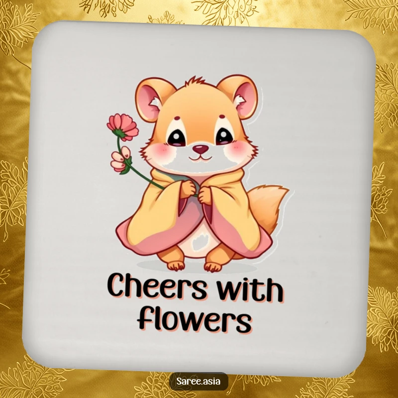 Funny drink coaster featuring a playful small animal in a colorful garment offering a flower, adding a sweet touch.