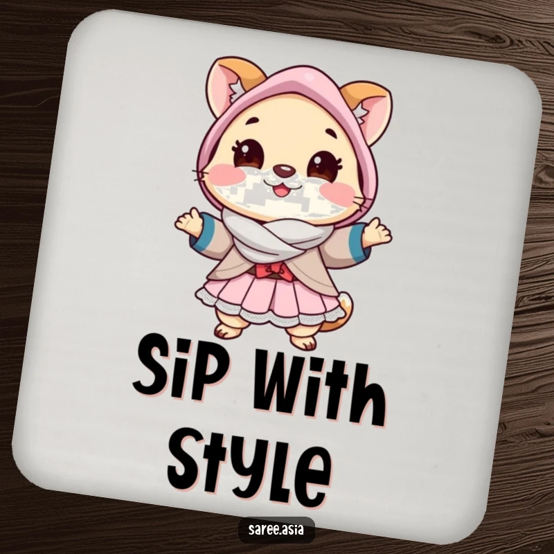 Funny drink coaster featuring a cheerful small animal in a layered outfit striking a pose, adding stylish flair.