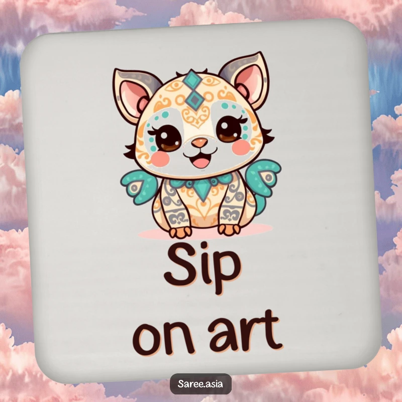 Funny drink coaster featuring a happy small animal adorned with intricate patterns, beaming with pride, adding a stylish touch.