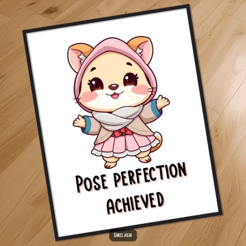 Funny poster of a cheerful small animal in a beautiful layered outfit striking a pose, embodying fashion and confidence.