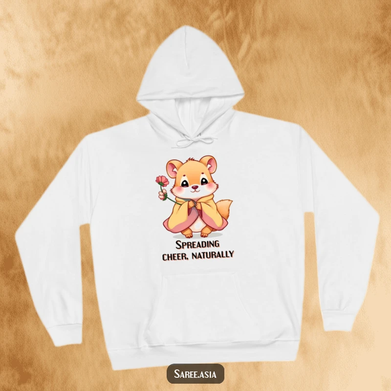 Funny hoodie with a playful small animal in a colorful garment offering a flower, perfect for cozy, heartwarming moments.