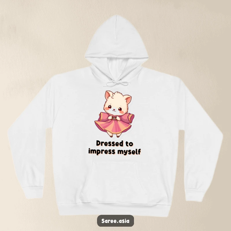 Funny hoodie featuring a fluffy animal in a vibrant garment twirling gracefully, perfect for cozy, elegant days.