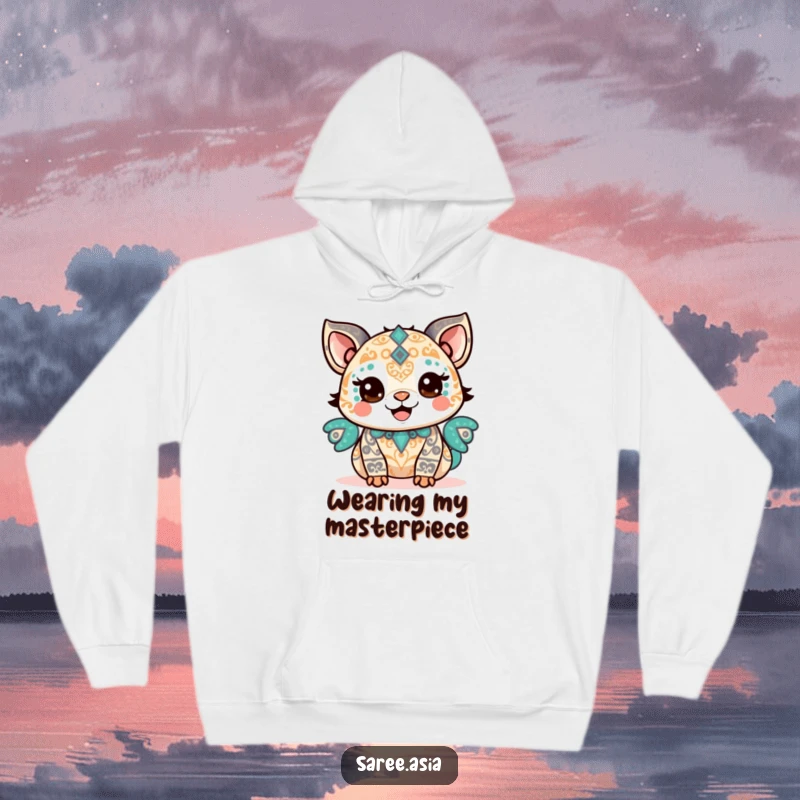 Funny hoodie with a happy small animal adorned with intricate patterns, beaming with pride, perfect for celebrating achievements.