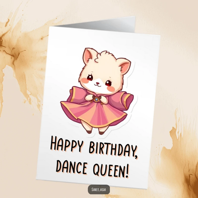 Funny Free Printable Birthday Card: Fluffy animal in a vibrant garment twirling gracefully, exuding pure birthday joy.