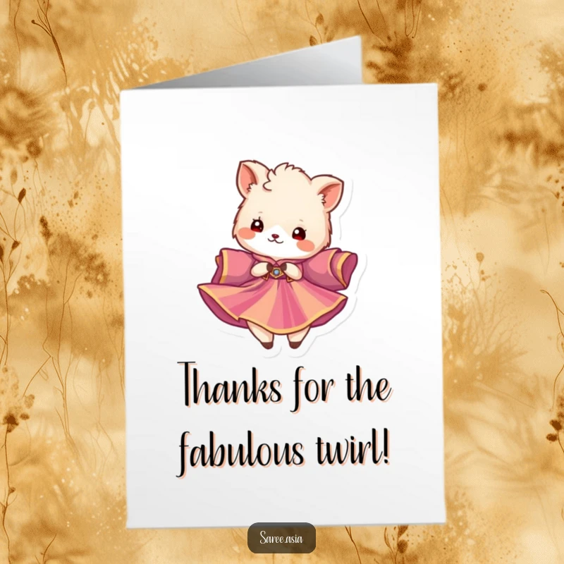 Funny Free Printable Thank You Card: Fluffy animal in a vibrant garment twirling elegantly, expressing heartfelt thanks.