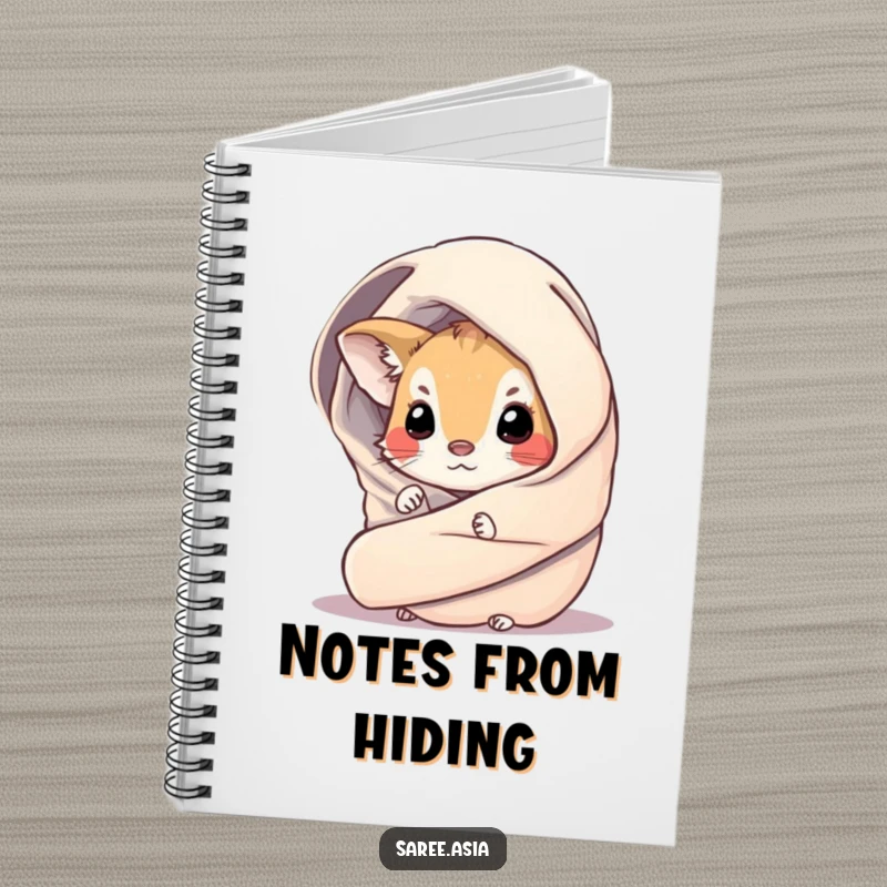 Funny notebook with a small, curious animal peeking from a shimmering, draped wrap, inspiring creative writing and note-taking.