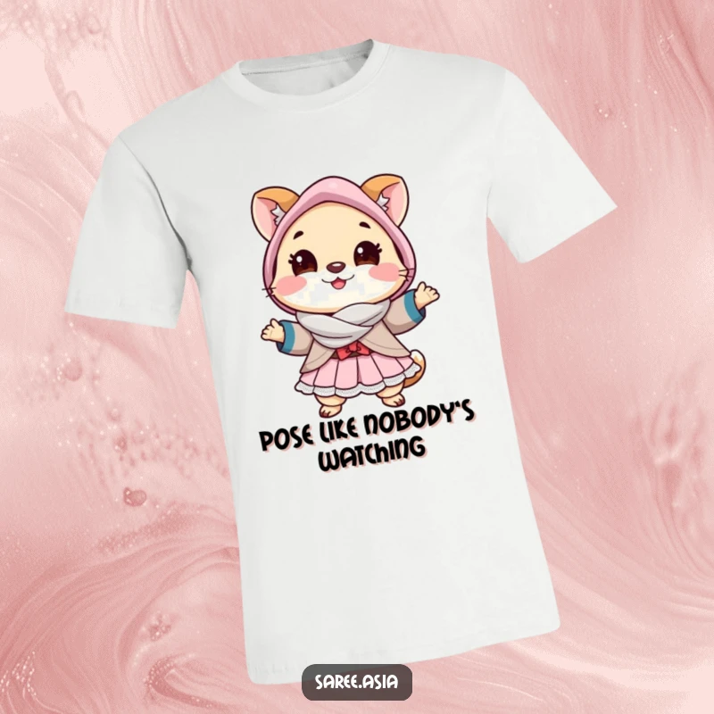 Funny t-shirt featuring a cheerful small animal in a beautiful layered outfit striking a pose, radiating confidence.