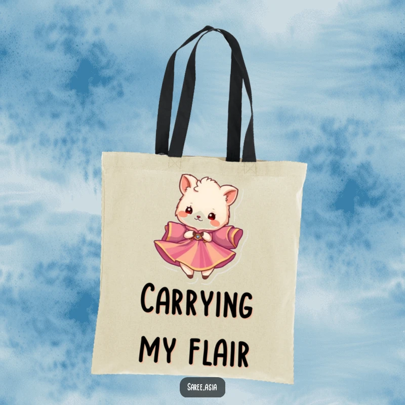 Funny tote bag with a fluffy animal in a vibrant garment twirling gracefully, showcasing elegance and charm.